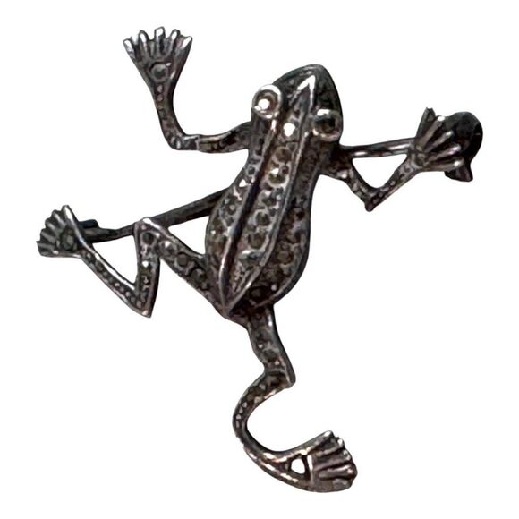 Vintage Sterling Silver Tree Frog Brooch Marcasite Detailing Art Deco Animal - Picture 1 of 7